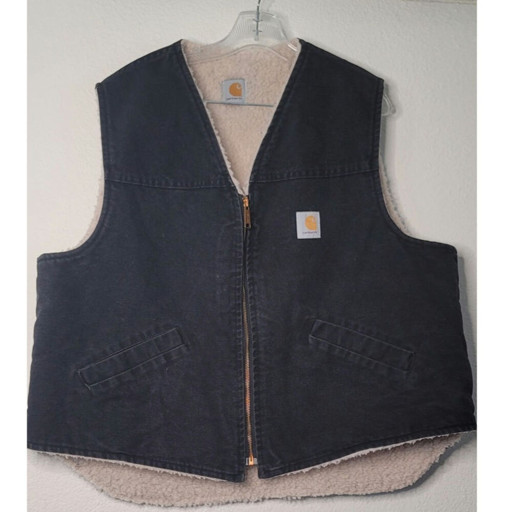 Vintage Carhartt Sherpa Fleece Lined Black Duck Canvas Work Vest Size XL